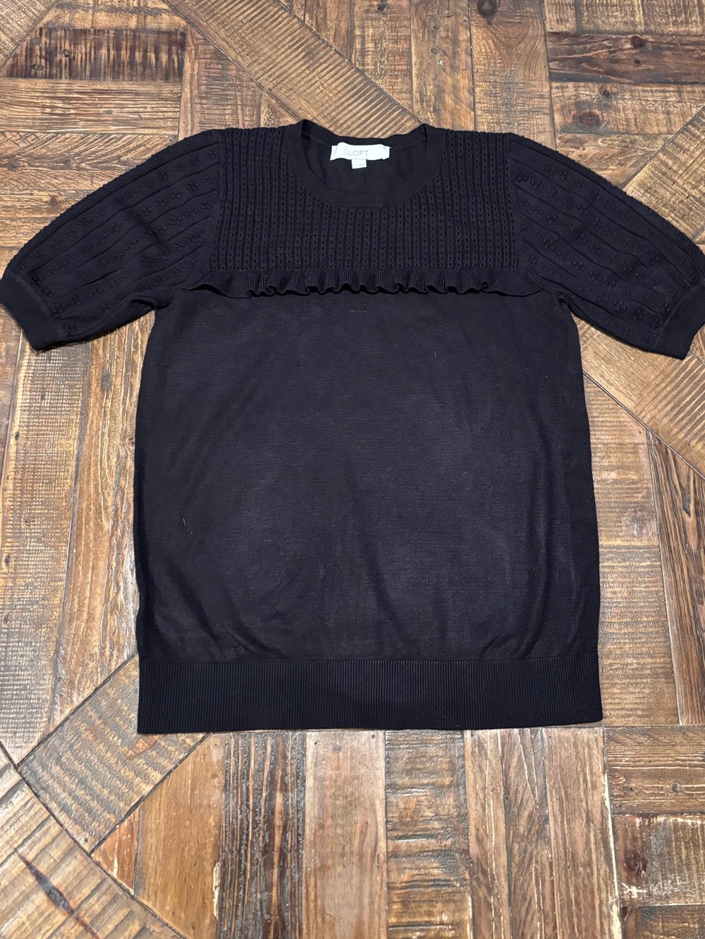 LOFT Black Short Sleeve Crewneck Sweater with Ruffle Yoke